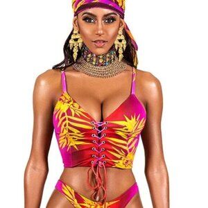 New! BFyne Zika Red/Pink/Yellow Floral Lace-Up Longline Bikini Top 10586